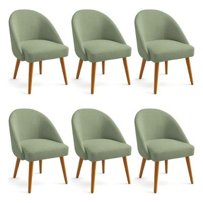 Kit 06 Cadeiras Poltrona De Jantar Estofada Luna Boucle Verde Pistache Pés Palito Castanho - Pallazio