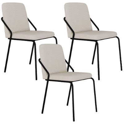Kit 03 Cadeiras Estofada Para Sala De Jantar Loft Preto C01 Linho Areia - Lyam Decor