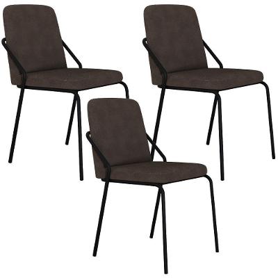 Kit 03 Cadeiras Estofada Para Sala De Jantar Loft Preto C01 Bouclê Marrom - Lyam Decor