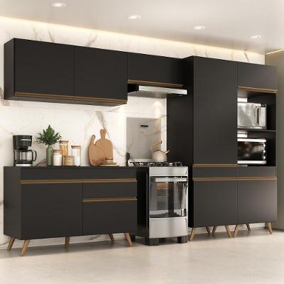 Armário Cozinha Modulada Completa 314cm Com Balcão Veneza Multimóveis Mp3758 Preto/dourado