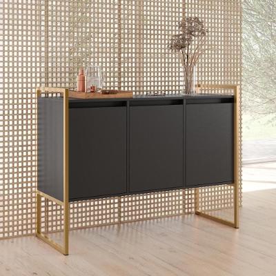 Buffet Aparador Sala Industrial 3 Portas Preto Dourado