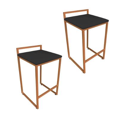 Conjunto 02 Banquetas Alta Lavinia Suede Preto Base Cobre Drossi
