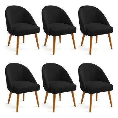 Kit 06 Cadeiras Poltrona De Jantar Estofada Luna Boucle Pés Palito Castanho - Pallazio Cor Preto