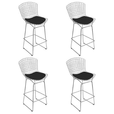 Kit 4 Banquetas Bertoia Cromada D80 Com Assento Sintético Preto