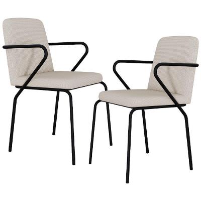 Kit 02 Cadeiras Estofada Para Sala De Jantar Com Braço Loft Preto C01 Linho Areia - Lyam Decor