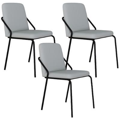 Kit 03 Cadeiras Estofada Para Sala De Jantar Loft Preto C01 Courino Saturno Off White - Lyam Decor