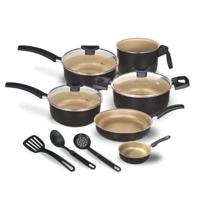 Jogo de Panelas Kit 9 Peças Antiaderente Teflon 18 cm com Tampa de Vidro Preto com Creme OEM