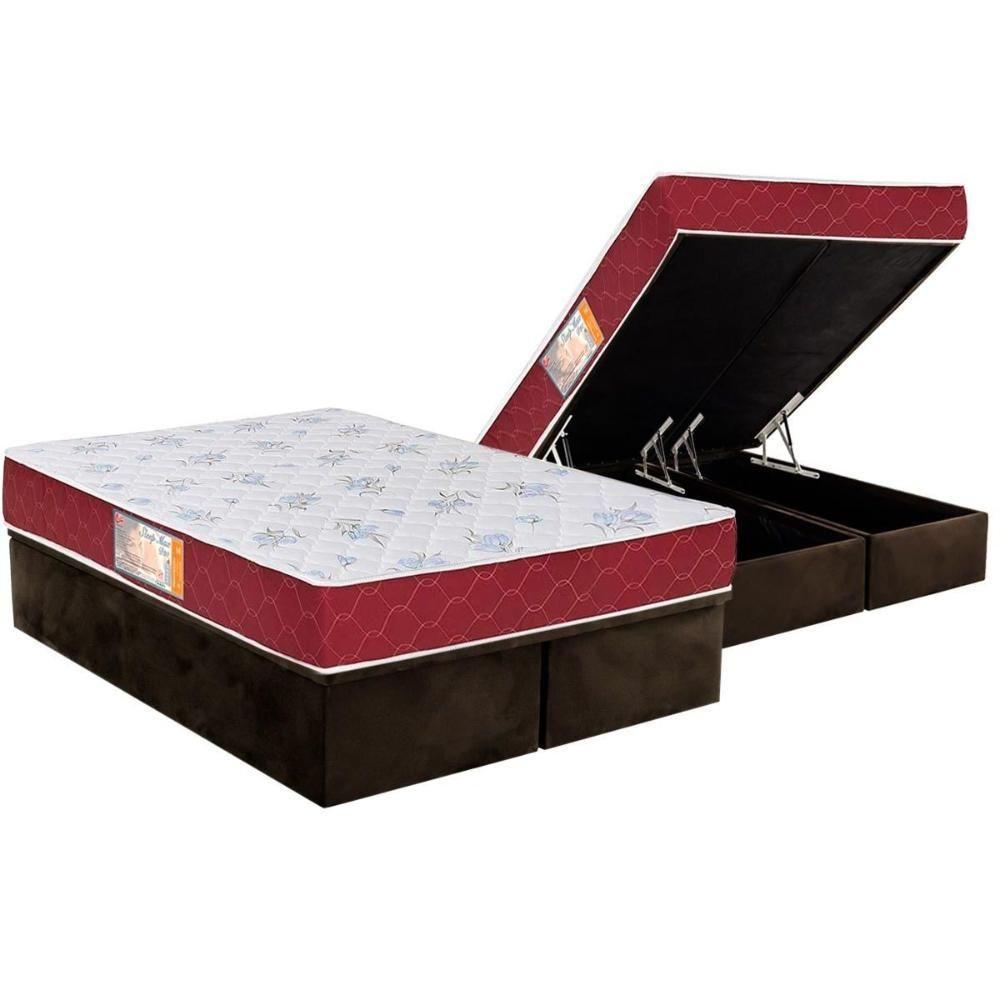Cama Box Baú Queen: Colchão Espuma Castor D20 Sleep Max Duplo + Base CRC Suede Brown(158x198) - 1