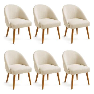 Kit 06 Cadeiras Poltrona De Jantar Estofada Luna Boucle Bege Pés Palito Castanho - Pallazio