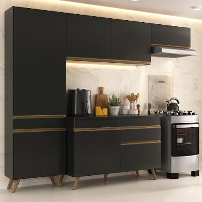 Armário Cozinha Modulada Compacta 252cm Com Balcão Veneza Multimóveis Mp3760 Preto/dourado