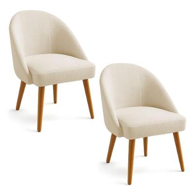 Kit 02 Cadeiras Poltrona De Jantar Estofada Luna Boucle Bege Pés Palito Castanho - Pallazio