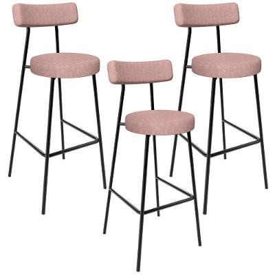 Kit 03 Banquetas Alta Bar Cozinha Sala De Jantar Aço Milão L02 Linho Rosa - Lyam Decor