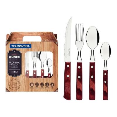 Faqueiro Polywood 24 Peças em Aço Inox e Madeira com 6 Facas 6 Garfos 6 Colheres de Sopa e 6 de Chá