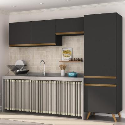 Armário Cozinha Modulada Compacta 252cm 3 Peças Retrô Veneza Multimóveis Mp2301 Preto-Dourado