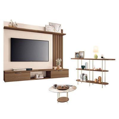 Painel Suspenso Lets Castanho Off White Com Mesa De Centro Sky E Tampo De Vidro E Aparador Infinity Castanho - Hb Móveis