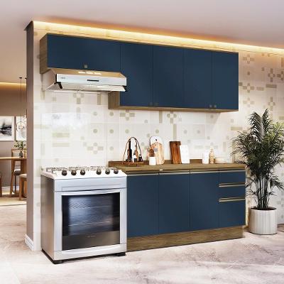 Armário De Cozinha Completa 100% Mdf 240cm Nogueira/azul Profundo Celeste Kappesberg