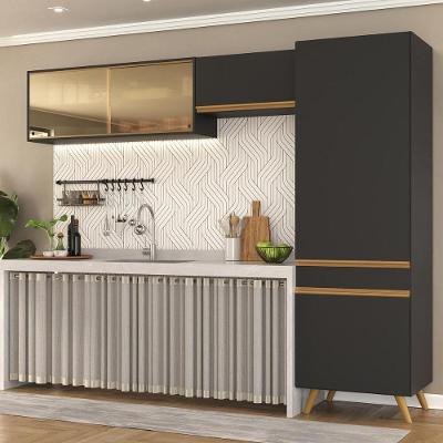Armário Cozinha Modulada Compacta Com Vidros 252cm 3 Peças Veneza Multimóveis Mp2300 Preto-Dourado