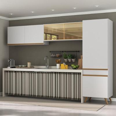 Armário Cozinha Modulada Compacta Com Vidros 302cm 3 Peças Veneza Multimóveis Mp2299 Branco-Dourado