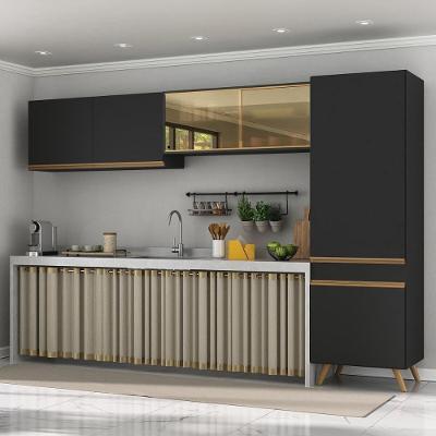 Armário Cozinha Modulada Compacta Com Vidros 302cm 3 Peças Veneza Multimóveis Mp2299 Preto-Dourado