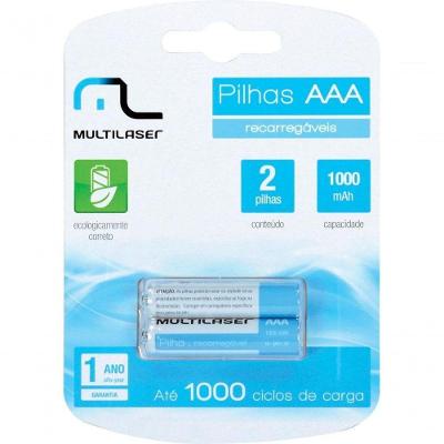 Pilha Recarregável AAA Multilaser CB051 1000MAH com 1000 Ciclos de Recarga sem Efeito Memória Cinza