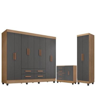 Guarda Roupa Casal Porto Com Cômoda Lite 4 Gavetas 2 Portas E Armário Multiuso Lite Nature Cinza - Móveis Leão
