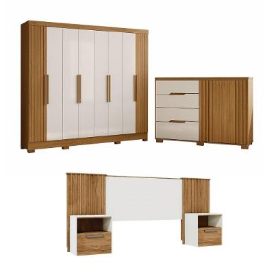 Quarto Casal Guarda-roupa 8 Portas Com Cômoda E Cabeceira Freijo/off White/frisado