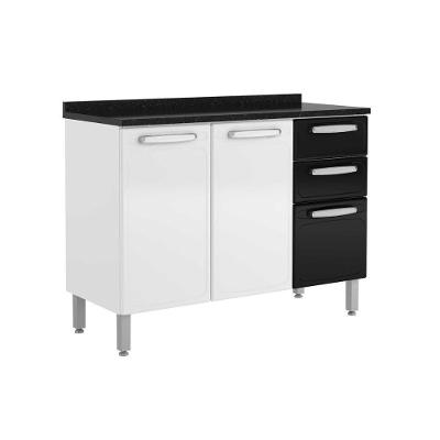 Gabinete P/ Pia Cozinha Balcão C/ Tampo Evidence 7124 C/ 3 Portas E 2 Gavetas 120cm Branco/preto - Bertolini