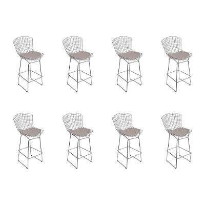Kit 8 Banquetas Bistrô Bertoia Cromada D80 Com Assento Sintético Bege
