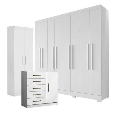 Guarda Roupa Casal Porto 8 Portas 4 Gavetas Com Cômoda Sapateira Milão E Armário Multiuso 2 Portas 2000191 Branco Tx