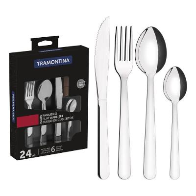 Faqueiro Malibu 24 Peças em Aço Inox Polido para Mesa com Facas Churrasco Colheres Chá Garfos Inox