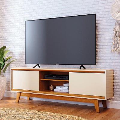 Rack Bancada Atlas 2 Portas Pés De Madeira Cinamomo E Off White - Pallazio