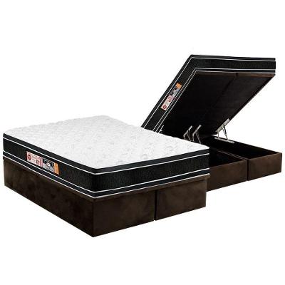 Cama Box Baú King: Colchão Espuma Castor D33 Black e White Air Euro Pillow + Base CRC Suede Brown(193x203)