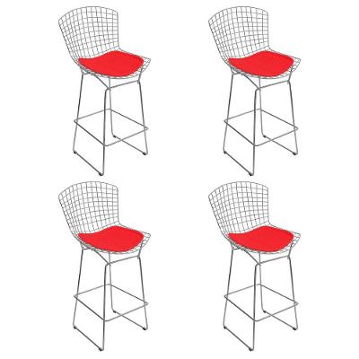 Kit 4 Banquetas Bistrô Bertoia Cromada D80 Com Assento Sintético Vermelho