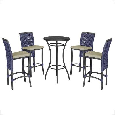 Mesa Bistrô E 4 Banquetas Roma Preta, Corda Estofado 7 Trama Azul