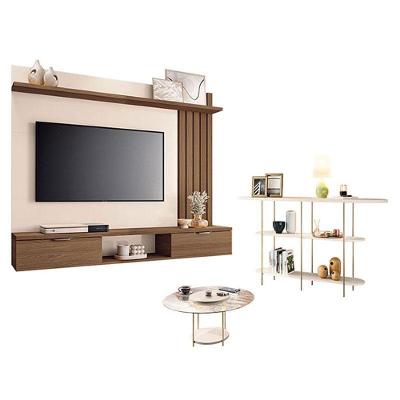 Painel Suspenso Lets Com Mesa De Centro Sky Com Tampo De Vidro E Aparador Infinity Castanho Off White - Hb Móveis