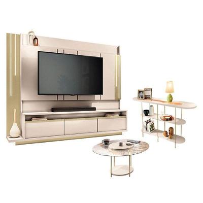 Home Theater Montane Com Mesa De Centro Sky Com Tampo De Vidro E Aparador Infinity Off White Champanhe- Hb Móveis