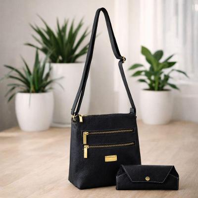 Kit Bolsa E Porta Oculos  Couro Cor Preto