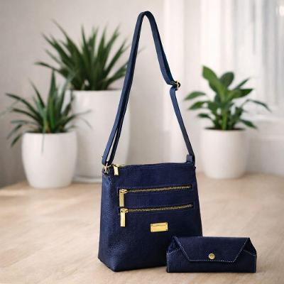 Kit Bolsa E Porta Oculos  Couro Cor Azul Marinho