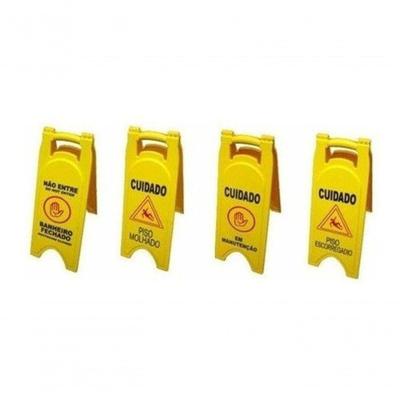 Placa Sinalizadora Piso Molhado Manutenção Nao Entre Trilingue Amarelo Higipack