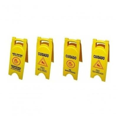 Placa Sinalizadora Piso Molhado Manutenção Não Entre Textos em 3 Idiomas Amarelo Higipack