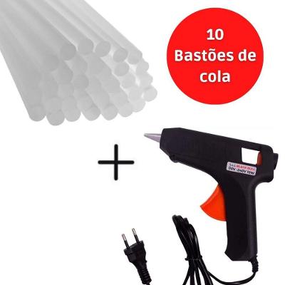 Pistola de Cola Quente 10W Bivolt com Bico Metálico e Plástico Injetado Kit Bastões 30cm OEM