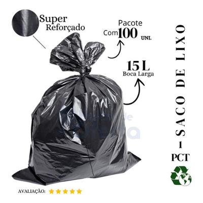 Saco de Lixo Super Reforçado Preto 15L Pacote com 100 Unidades para Uso Doméstico Higipack