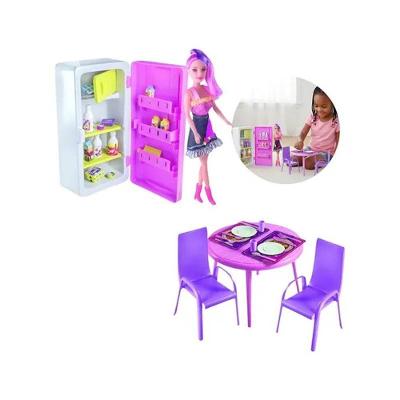 Cozinha Infantil Kit com Boneca Mesa Cadeiras Geladeira Armário Rosa Lua de Cristal