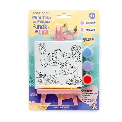 Mini Tela de Pintura Infantil Fundo do Mar Rosa Pastel com Cavalete e Guache Rosa Leonora