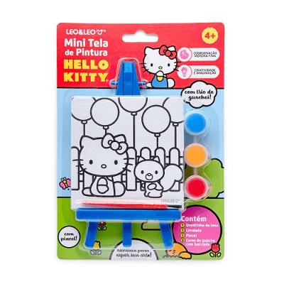 Mini Tela de Pintura Hello Kitty Leonora Azul com Cavalete e 3 Tintas Guache 3ML