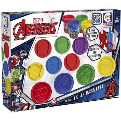 Massinhas de Modelar Kit Marvel Avengers com 4 Potes e 6 Carimbos para Coordenação Motora Cotiplás