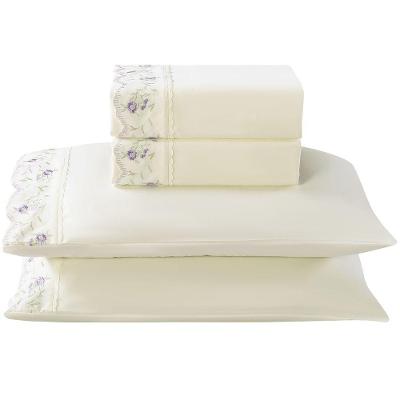 Jogo De Lençol Casal Essenza 300 Fios Micropercal Bordado 4 Peças Palha Ramo Lilas