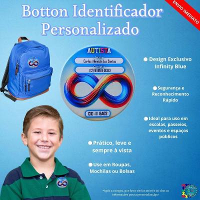 Kit 2 Bottons Identificação Infinity Blue para Autistas e Pais para Escrever Azul Coleção Tea e Amor
