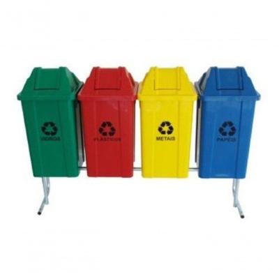 Conjunto para Coleta Seletiva 100L com 4 Lixeiras e Suporte em Plástico Polipropileno Preto, Branco