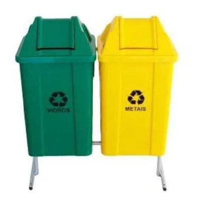 Conjunto para Coleta Seletiva 60L com 2 Lixeiras com Suporte em Plástico Polipropileno e Aço Amarelo